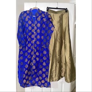 Two blue and gold kurta with gold ghagra